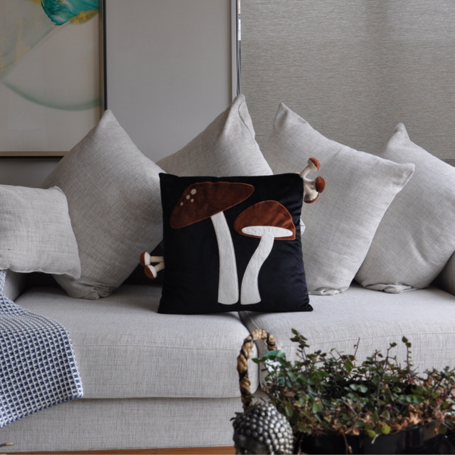 Decorative Mushroom Throw Pillow Cover - Black