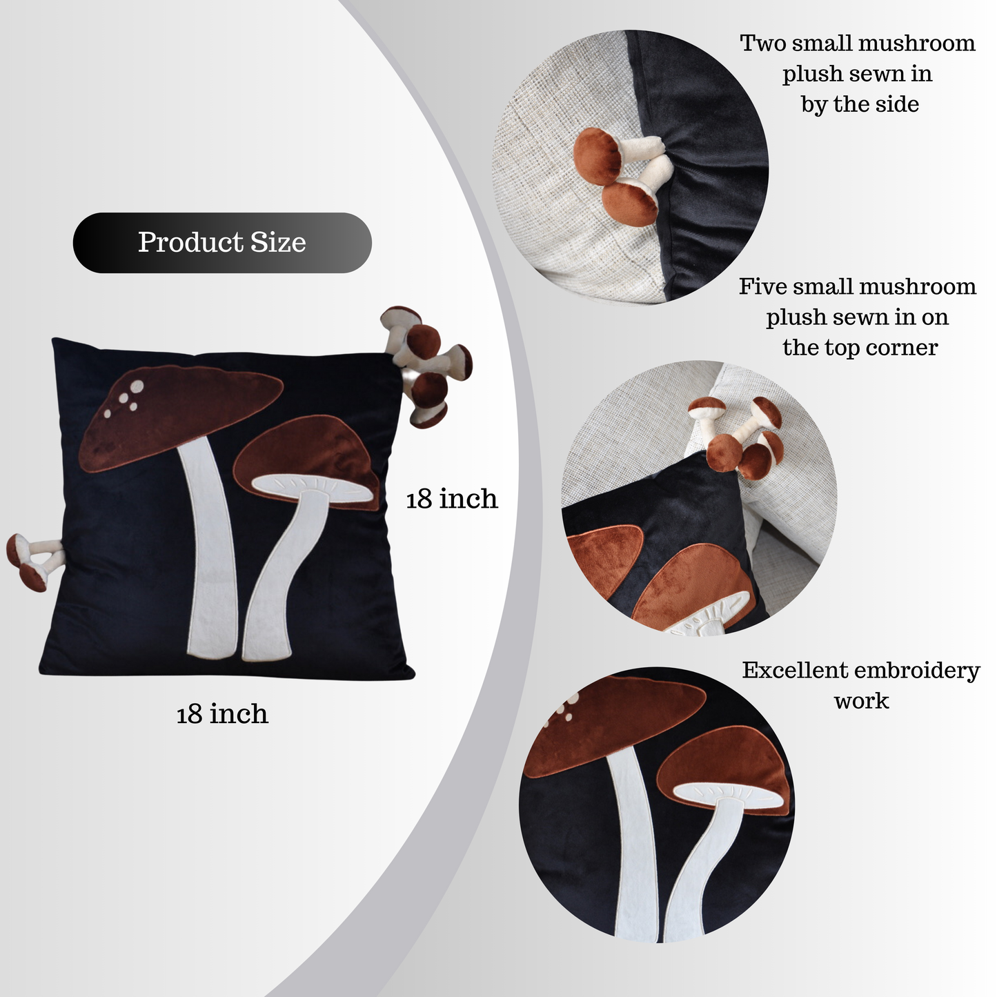Decorative Mushroom Throw Pillow Cover - Black