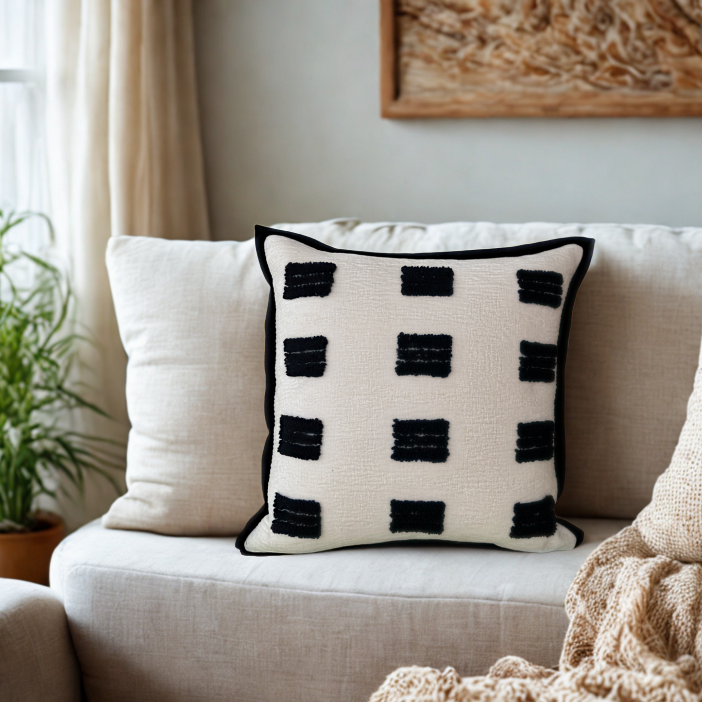 Premium Chenille Tufted Throw Pillow Cover - Black and White