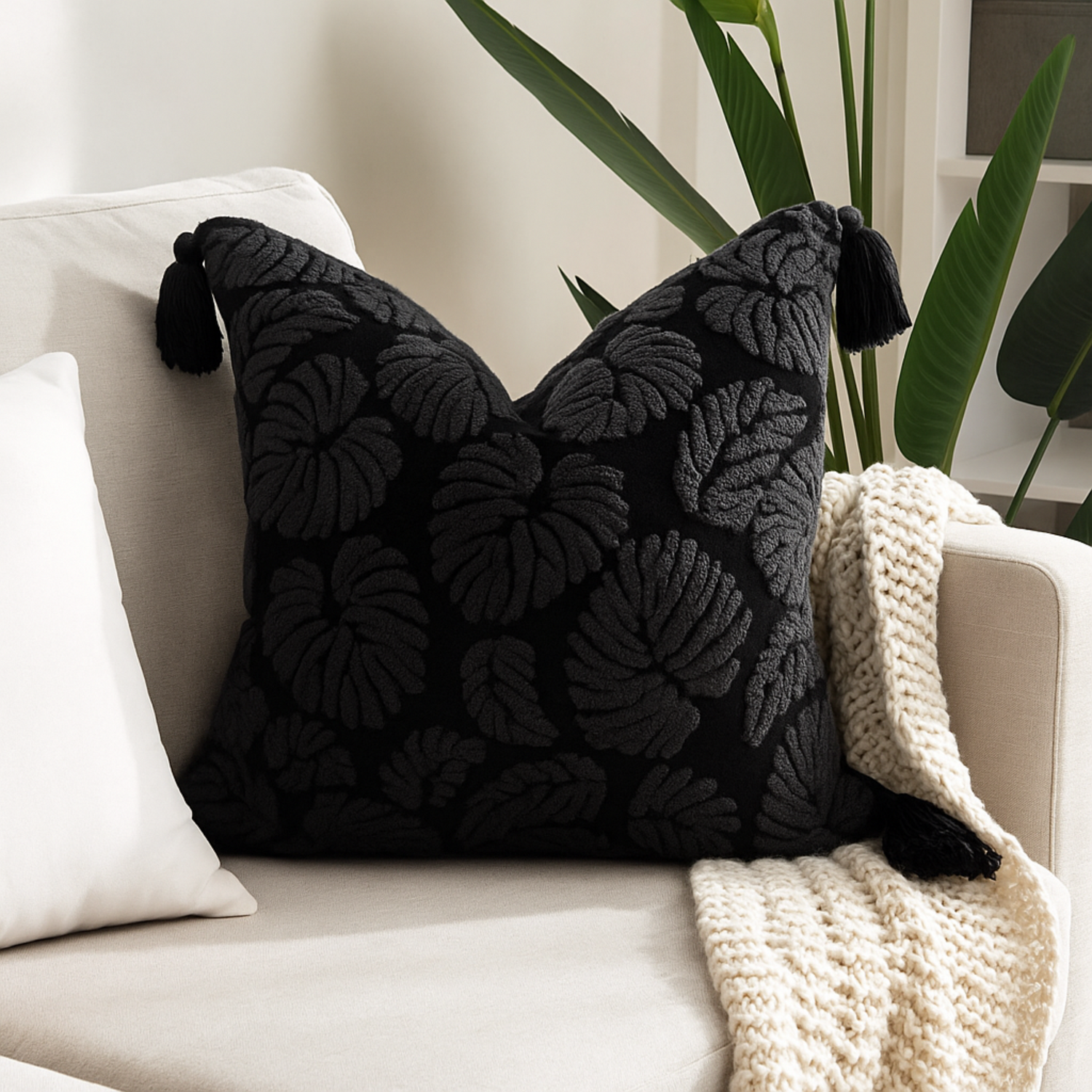 Embroidered boho black chenille pillow cover 18x18 inches with tassels for sofa bed home decor, monstera leaf pattern