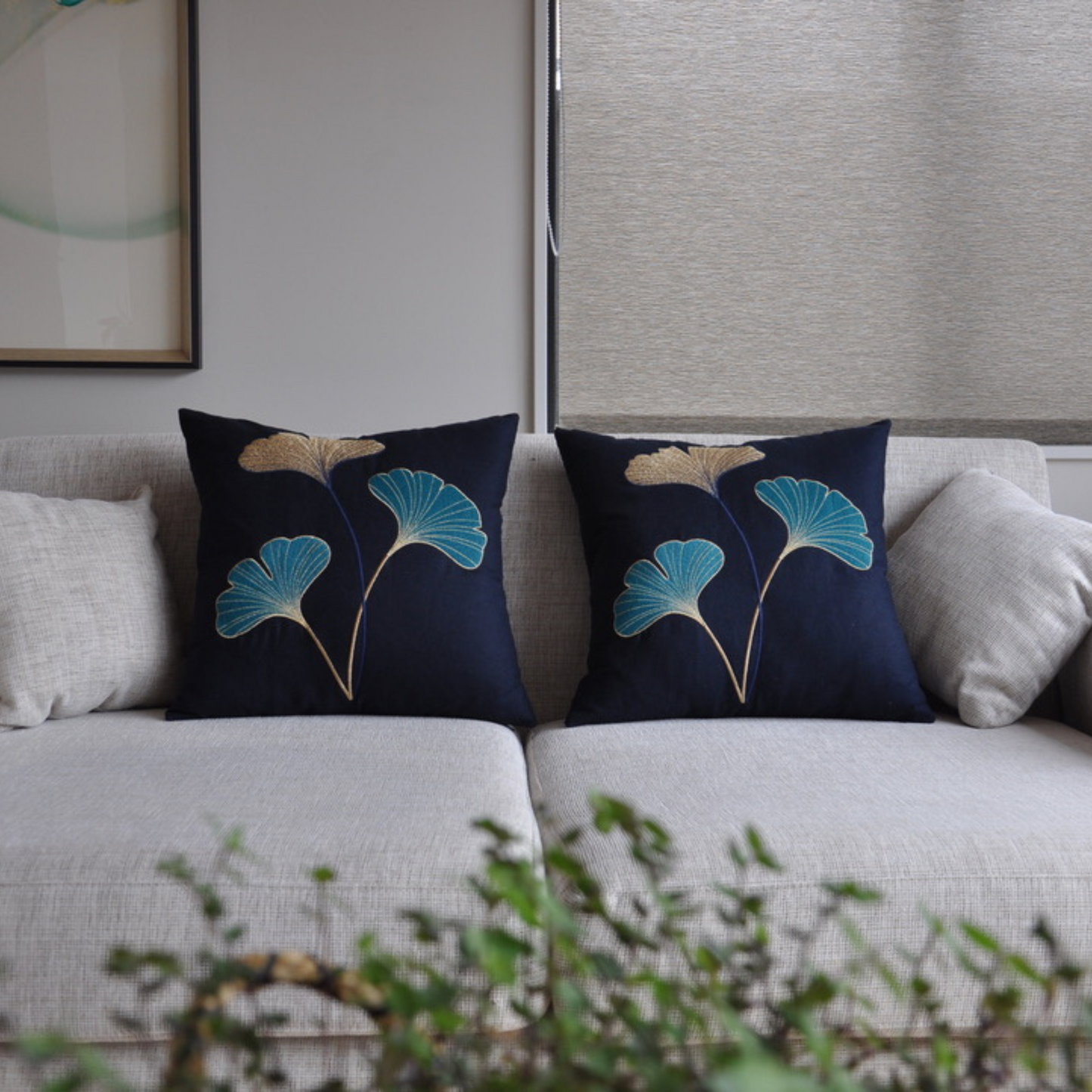 Gingko Leaf Pattern Embroidered Throw Pillow Covers