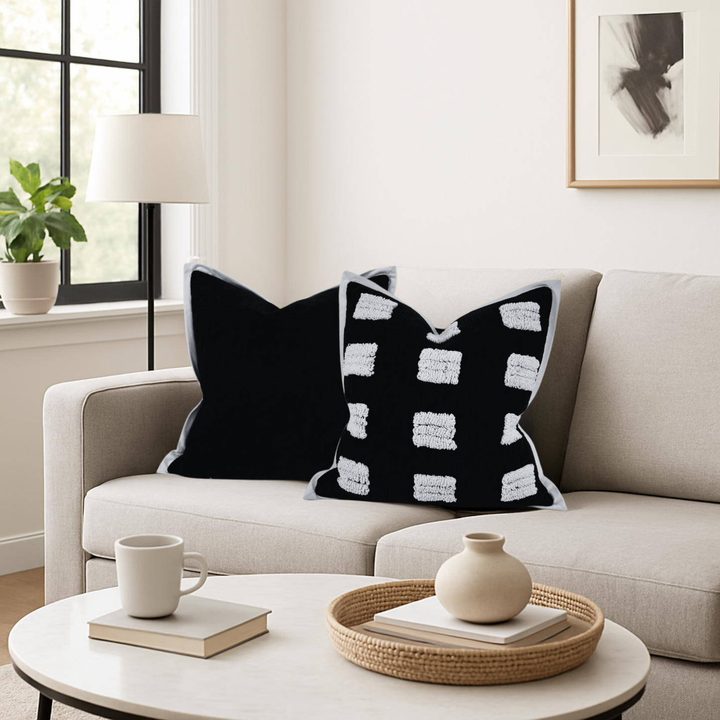 Premium Black Chenille Pillow Cover with White Tufted Design