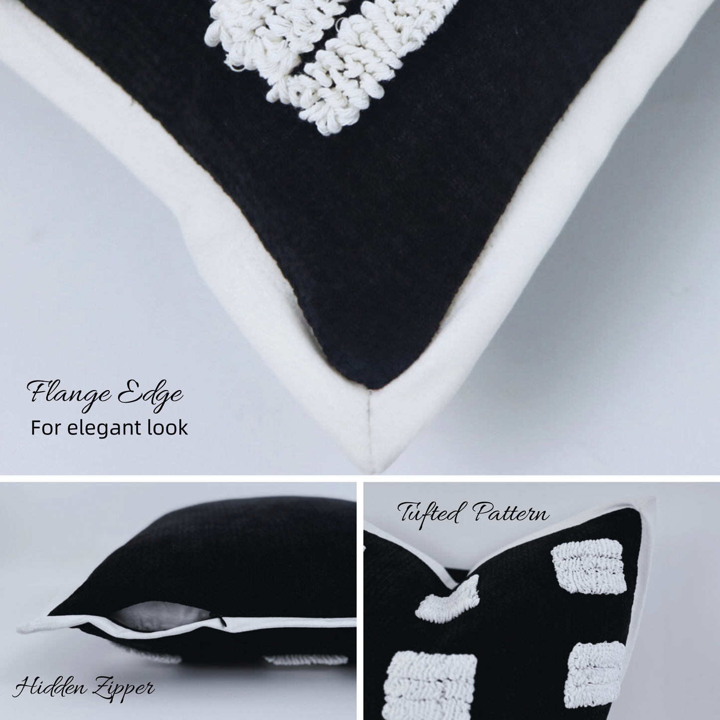 Premium Black Chenille Pillow Cover with White Tufted Design
