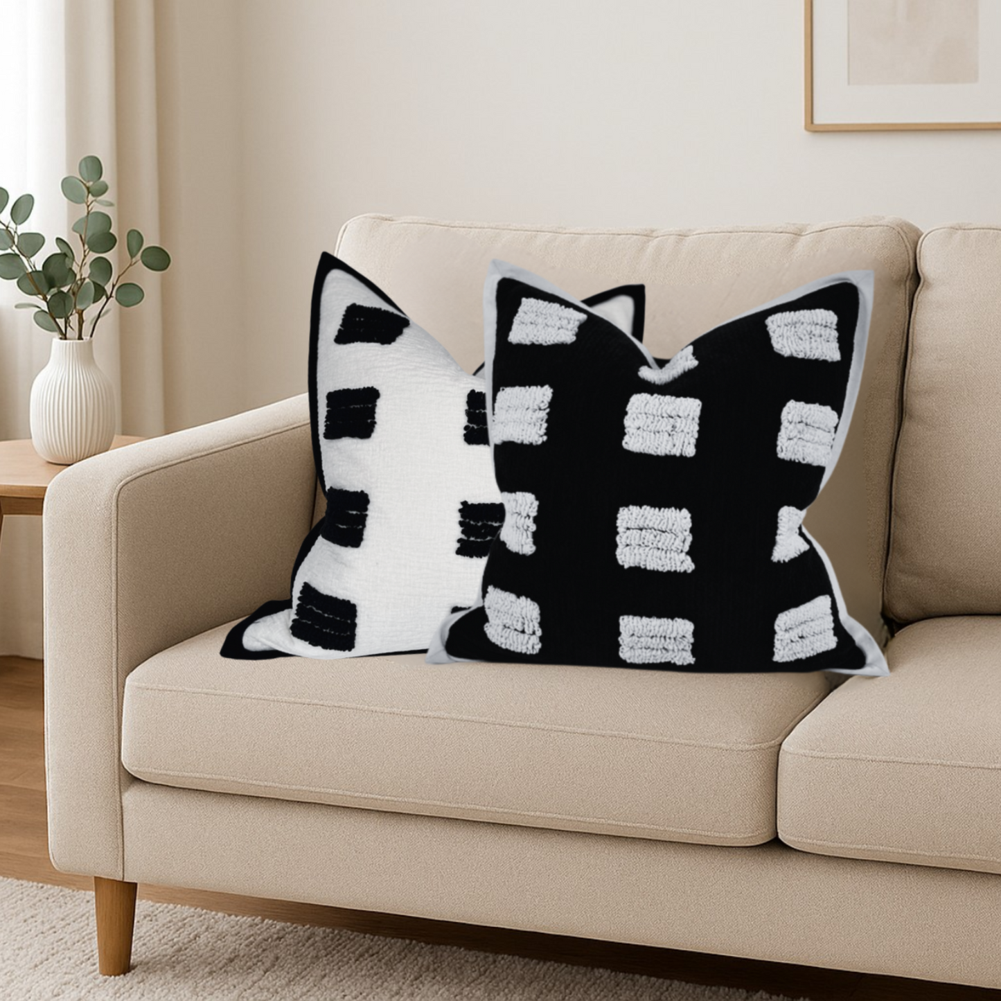 Premium Black Chenille Pillow Cover with White Tufted Design