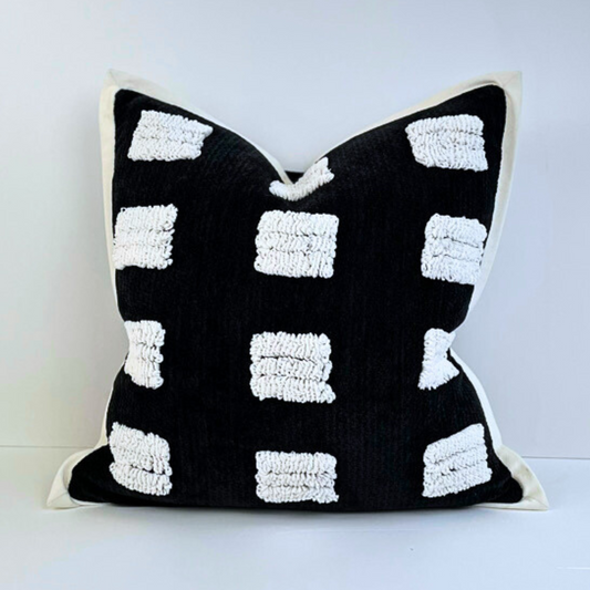 Premium Black Chenille Pillow Cover with White Tufted Design