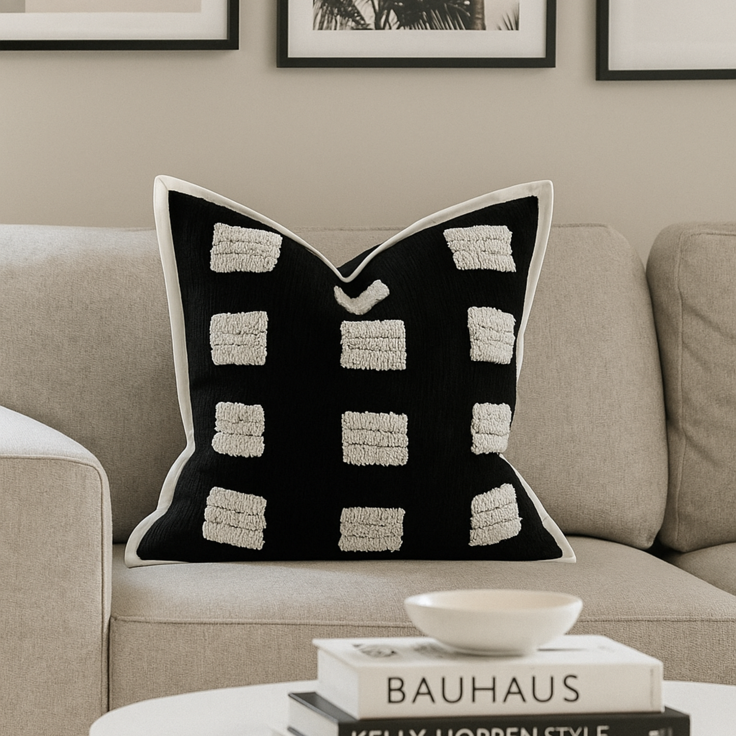 Premium Black Chenille Pillow Cover with White Tufted Design