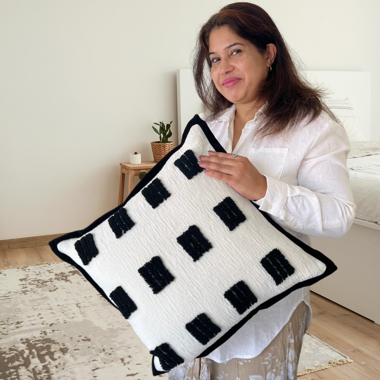 Premium Chenille Tufted Throw Pillow Cover - Black and White