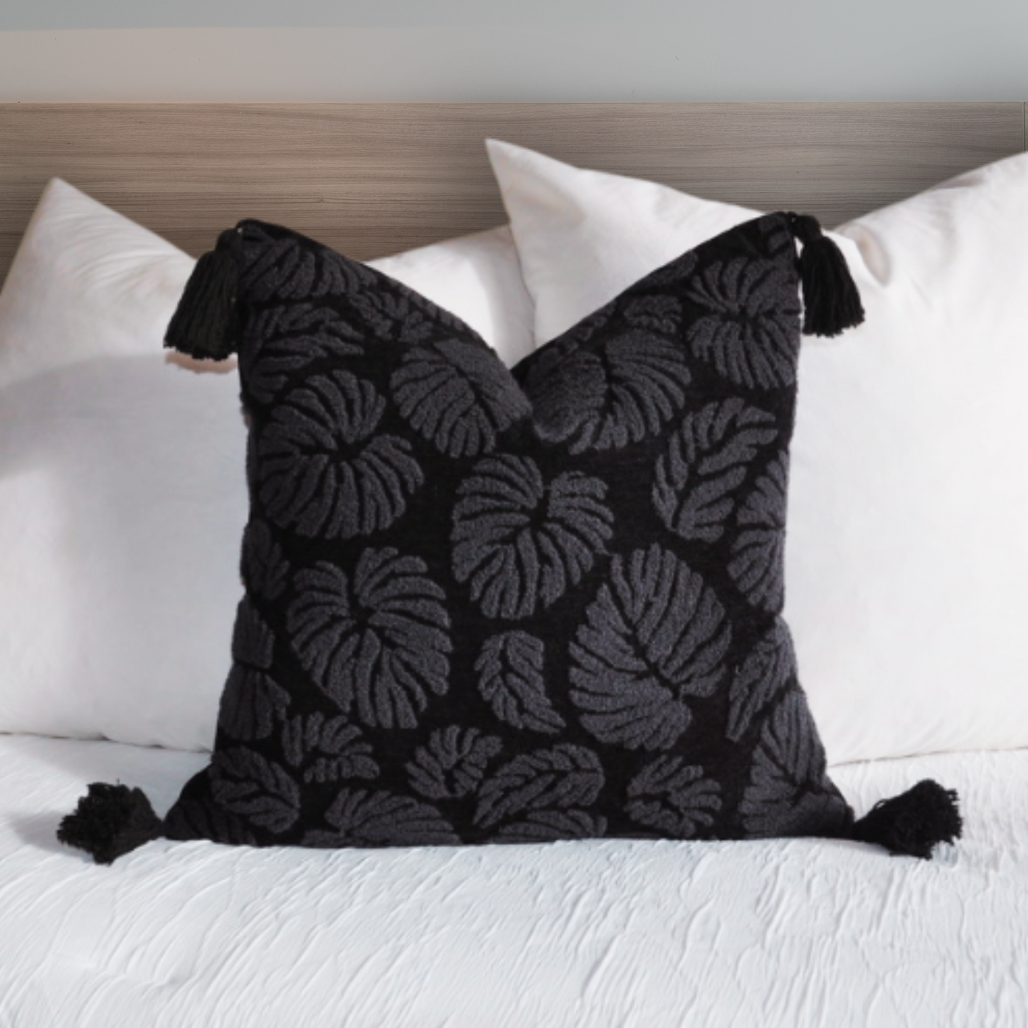 Premium Chenille Embroidered Throw Pillow Cover - Black Monstera