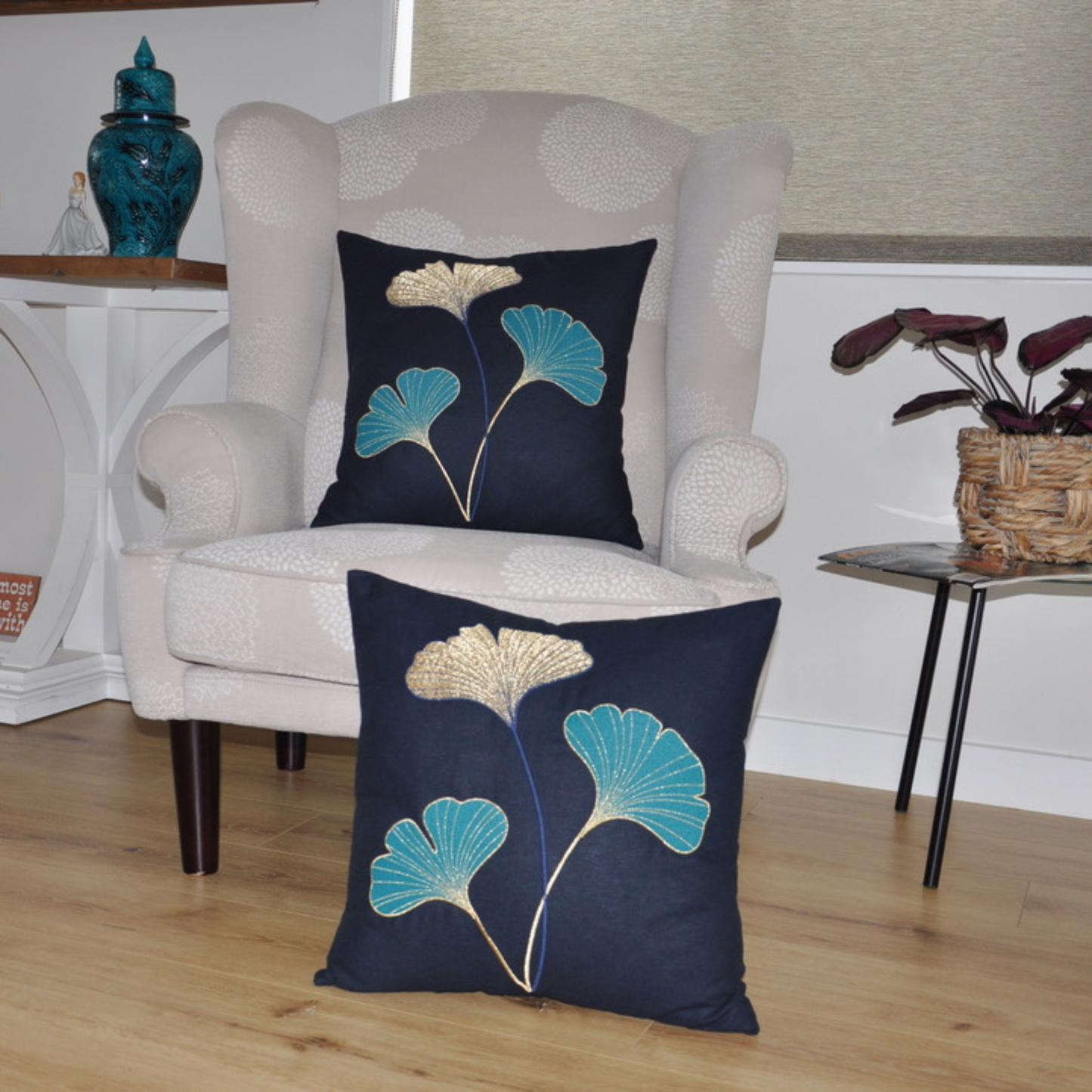 Gingko Leaf Pattern Embroidered Throw Pillow Covers